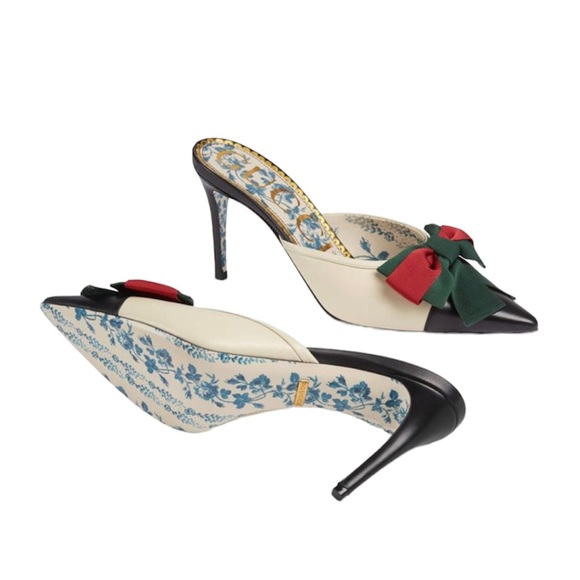 GUCCI Cream and Black Leather Mules with Gucci Wed Bow size 39 (Brand New) - Picture 8 of 16